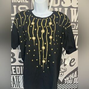 NWT Vintage Deadstock Bedazzled Pearl and Gold T-shirt with Shoulder pads